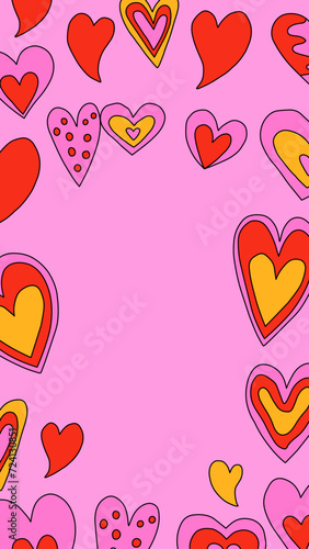 vertical frame with hearts for Valentine's day. layered template for social networks on the 14th of February. romantic stories for lovers. psychedelic 1970s style, hippie retro vibe, only good vibes