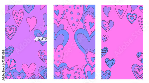 set of vertical frames with hearts for Valentine's day.layered template for social media on the 14th of February. romantic stories for lovers.psychedelic 1970s style,hippie retro vibe,only good vibes	