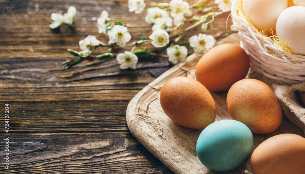 Easter eggs and painted chicken eggs, copyspace on a side Easter eggs and painted chicken eggs, copyspace on a side