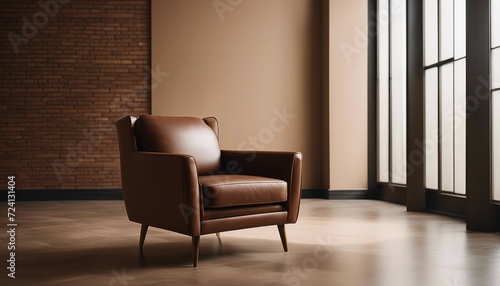 Luxury vintage brown leather Armchair against beige blank Wall Interior space in a large empty room   © abu
