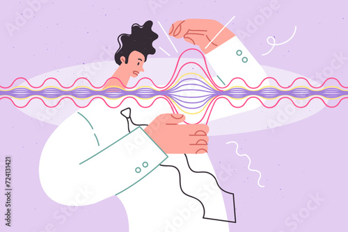 Man scientist looks at gravitational wave with confused face, studying science of physics