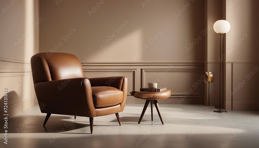 Fototapeta premium Luxury vintage brown leather Armchair against beige blank Wall Interior space in a large empty room
