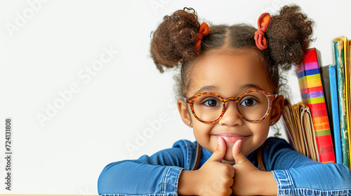 Cute cheerful smiling toddler girl with red curly hair holding her hand with thumb up in approving gesture. Creative banner for different concepts photo