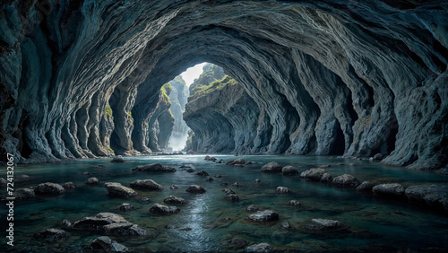 Light at the end of a large cave tunnel in the mountains with eroded rock walls and a river stream running through it