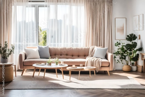 A cozy and stylish living room interior. Couch sofa with linen cushions in pastel neutral colors next to window with white curtains and streams of natural light creates a warm atmosphere