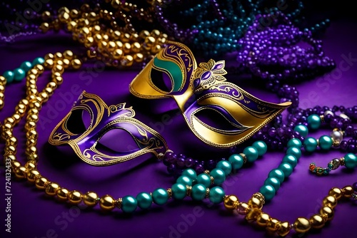 Mardi Gras carnival mask and beads on purple background with copyspace