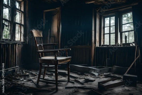 A skelton sitting on a chair in a abandoned destroy house with copy space, horror concept photo