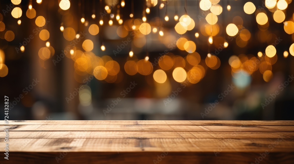 Rustic Wooden Table Against Blurred Lights Background Rustic Wooden Table Against Blurred Lights Background