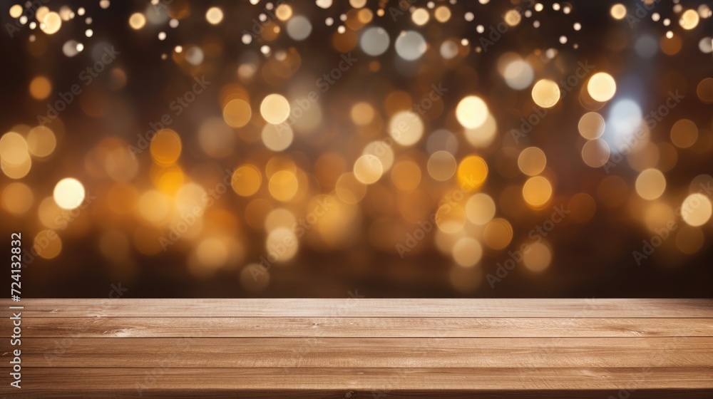 Rustic Wooden Table Against Blurred Lights Background