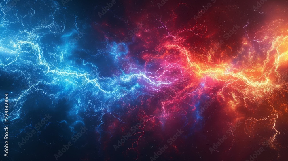dynamic clash of electric blue and red energy, creating intense light effects dynamic clash of electric blue and red energy, creating intense light effects