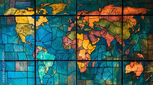World map in stained glass art form