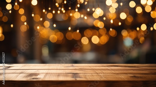 Rustic Wooden Table Against Blurred Lights Background
