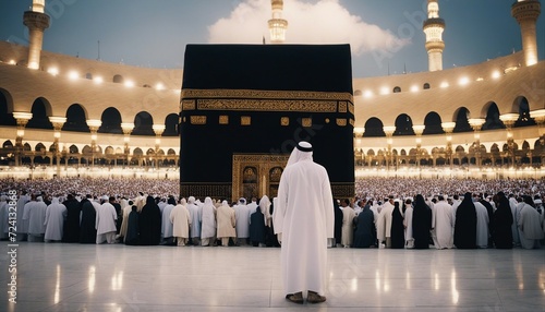 muslim Man in pilgrim performing umrah in front of kaaba 