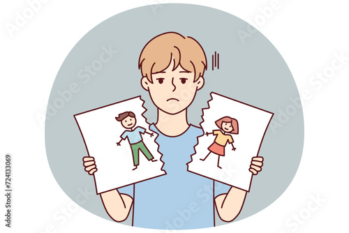 Sad boy with blond hair holds in hands torn pictured with painted kids. Cheerless child of pree teen age after school quarrel or conflict tears up self-drawn portrait. Flat vector design