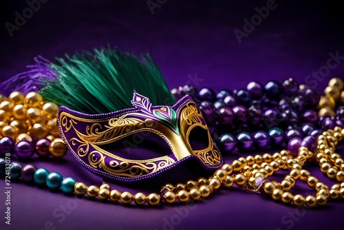 Mardi Gras carnival mask and beads on purple background with copyspace