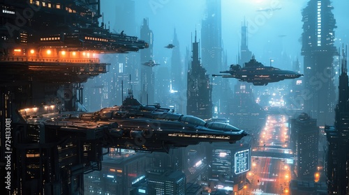 Futuristic Cityscape with Advanced Spacecraft