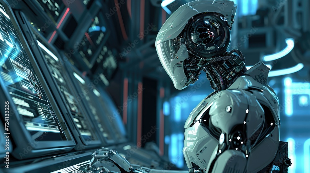 Fototapeta premium Advanced Humanoid Robot Interfacing with Technology