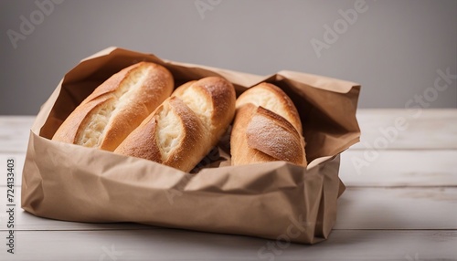 baguette bread, vegetables and fruits in a paper carrying bag, isolated white background, copy space for text 