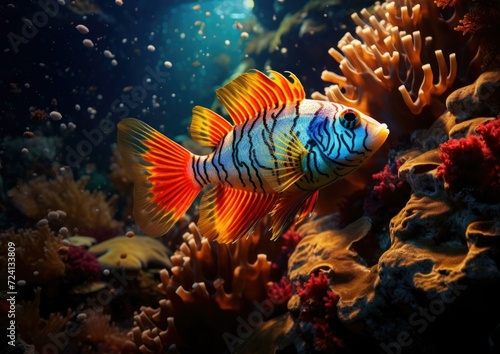 A vibrant tropical fish with a kaleidoscope of colors swims playfully in the ocean. Generative AI. © serg3d