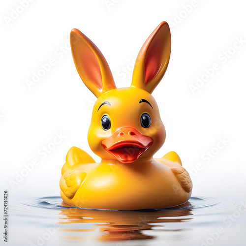 Pato de borracha com orelhas de coelho, nadando na água. 