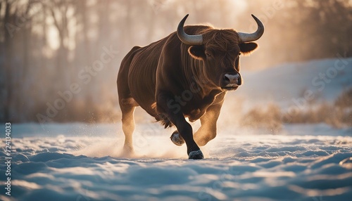 bull running on ice to the camera, warm light
