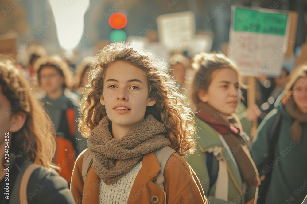 Girl at a demonstration against climate change. Generative AI