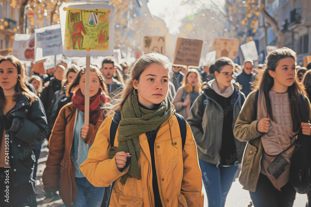 Girl at a demonstration against climate change. Generative AI