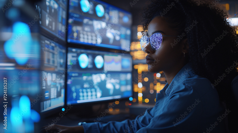 African American pharmaceutical scientist using computer while working on new research in laboratory. Generative AI African American pharmaceutical scientist using computer while working on new research in laboratory. Generative AI