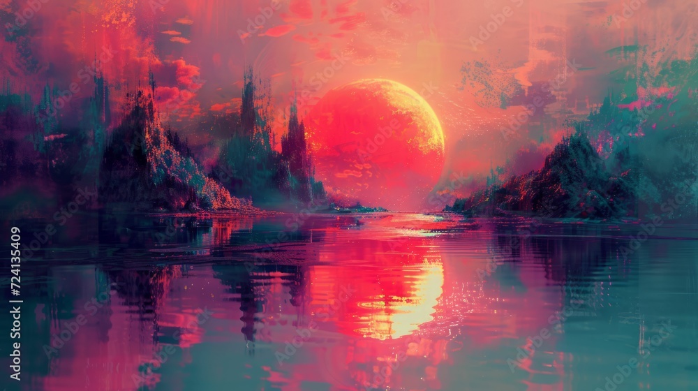 A digital landscape distorted by a glitch, painted in sci-fi colors A digital landscape distorted by a glitch, painted in sci-fi colors