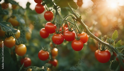 cherry tomato fields with clusters, sun coming through, blurred background 