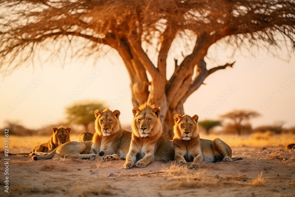 Lion's pride in savannah. World Wildlife Day. Group of wild animals on ...