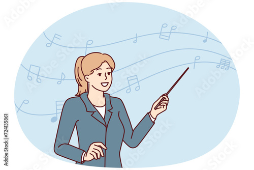 Woman teacher of musical art with pointer in hand stands near notes drawn on wavy line. Composer girl teaches melodies or works as conductor with orchestra in philharmonic society. Flat vector image