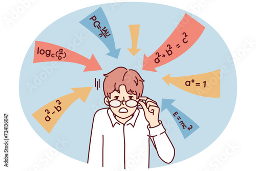 Dumbfounded guy touches glasses after seeing math formulas given in school or college and requiring solution. Examples from algebra around shocked student standing in white shirt. Flat vector image