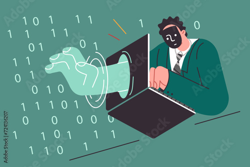 Man hacker penetrates protected space by sticking hand through laptop and stealing confidential data