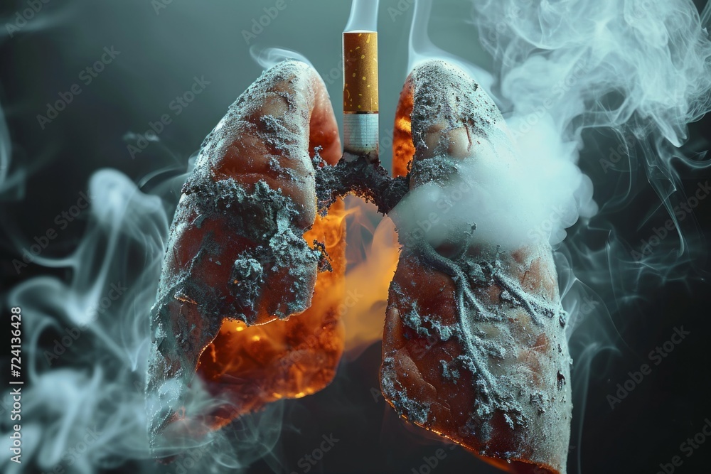 Abstract human lungs in tobacco cigarette smoke. Concept for quitting smoking and No Smoking Day. Background - obrazy, fototapety, plakaty 