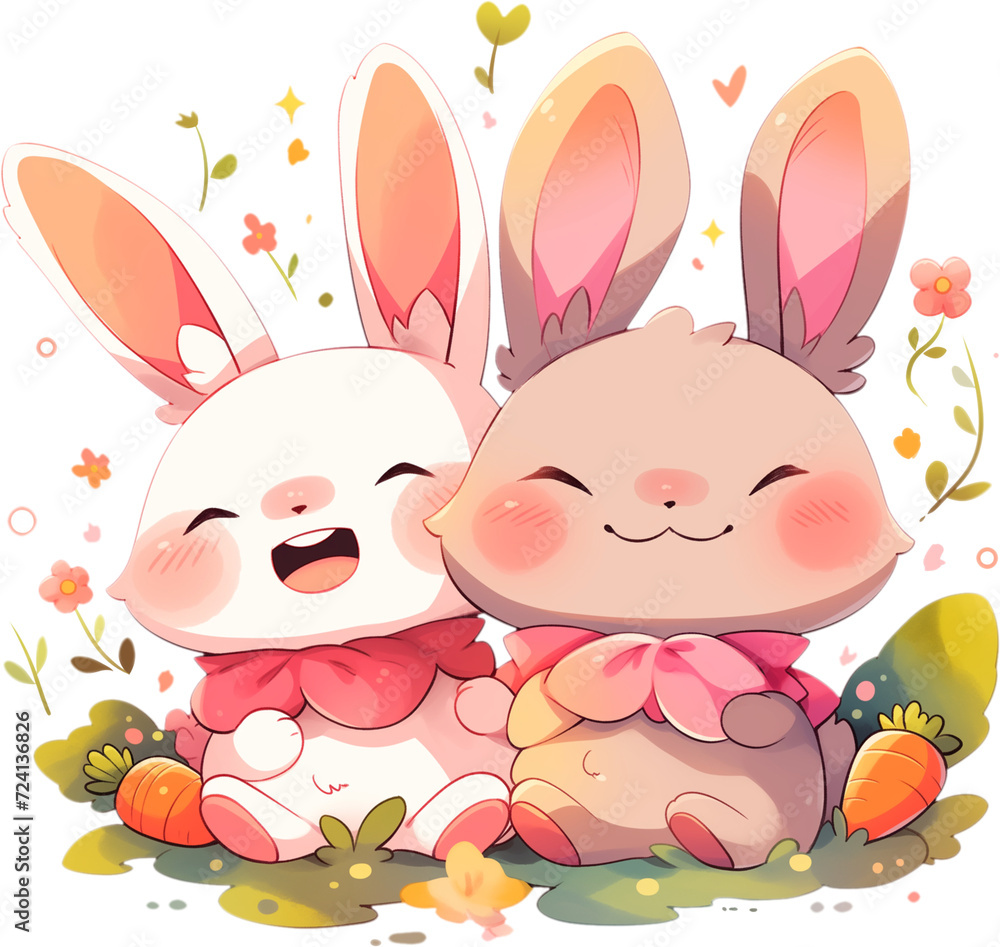 happy two Adorable Rabbits, One White and One Brown, Sitting Sid happy two Adorable Rabbits, One White and One Brown, Sitting Sid