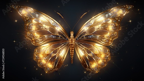 A close-up photo of a vibrant golden butterfly gracefully resting on a solid black background.