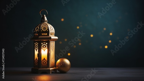 Ornamental Arabic lantern with burning candle glowing at night. Neural network AI generated art