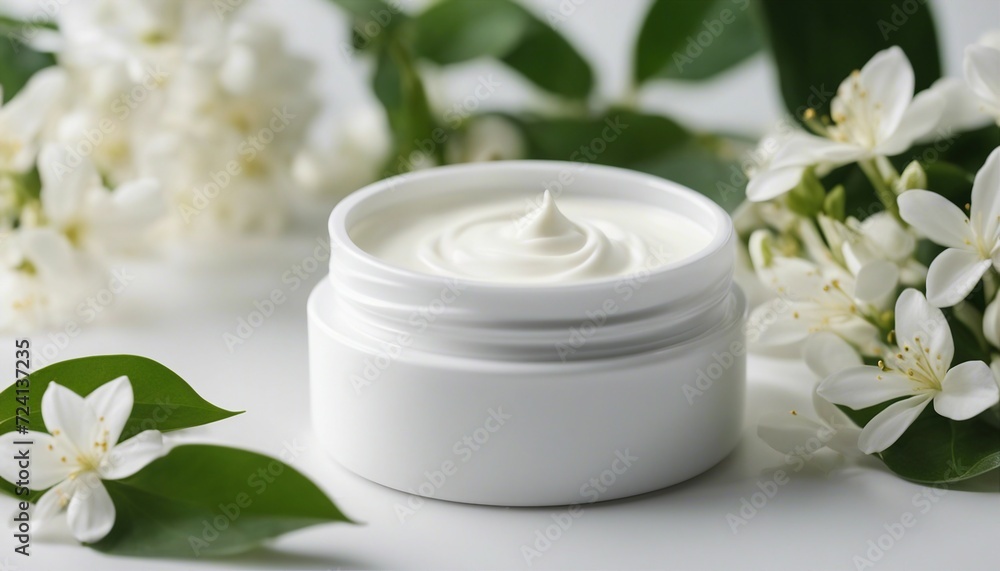 empty cosmetic cream container and near the decorative jasmine flower plant in white color, isolated white background
empty cosmetic cream container and near the decorative jasmine flower plant in white color, isolated white background