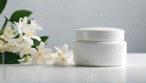 empty cosmetic cream container and near the decorative jasmine flower plant in white color  isolated white background 