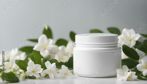 empty cosmetic cream container and near the decorative jasmine flower plant in white color  isolated white background 