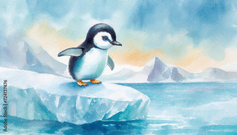 Fototapeta premium A flat illustration with a baby penguin on an iceberg. The concept of wildlife
