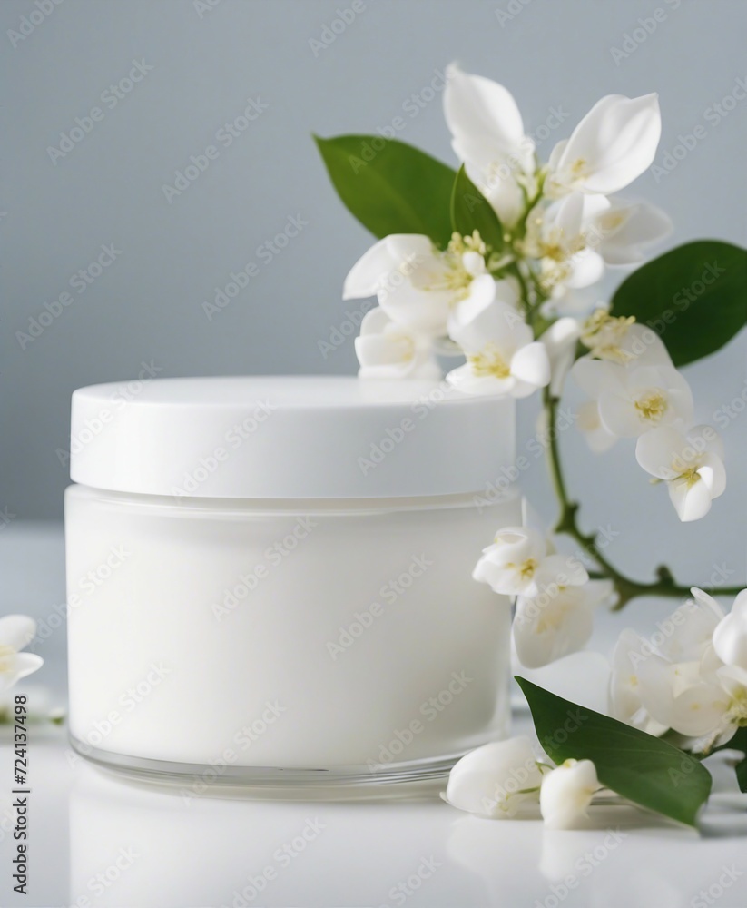 empty cosmetic cream container and near the decorative jasmine flower plant in white color, isolated white background
empty cosmetic cream container and near the decorative jasmine flower plant in white color, isolated white background