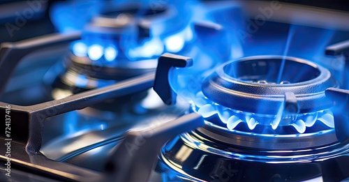 A detailed view of a gas stove with vibrant blue flames emanating from its burners.