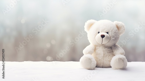 Closeup of a smiling white teddy bear on a light background.