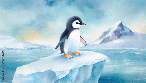 A flat illustration with a baby penguin on an iceberg. The concept of wildlife