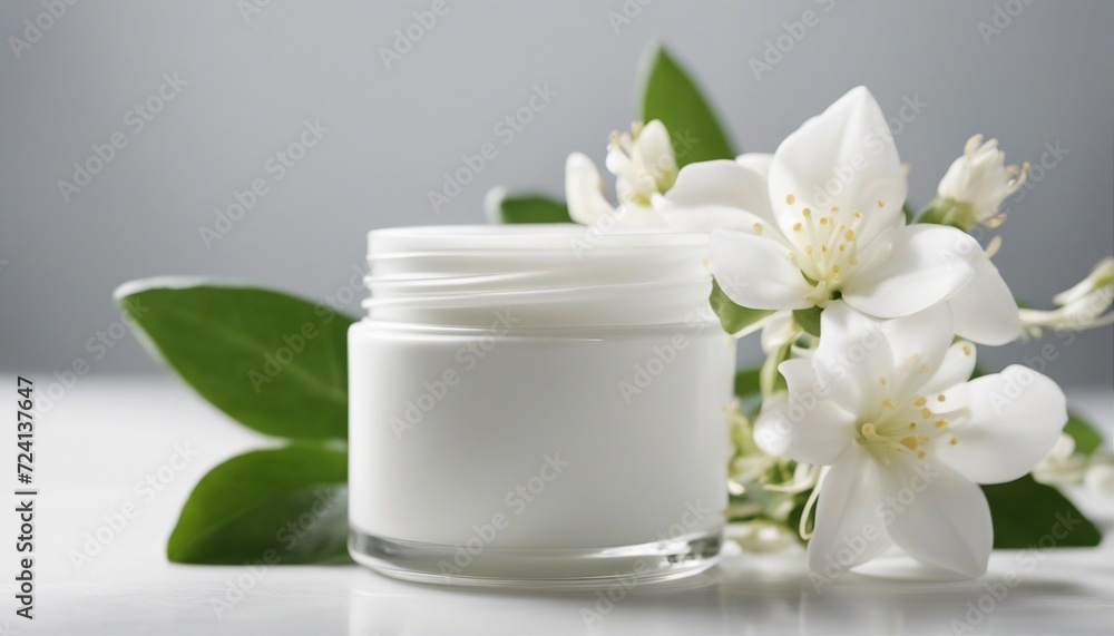 empty cosmetic cream container and near the decorative jasmine flower plant in white color, isolated white background
