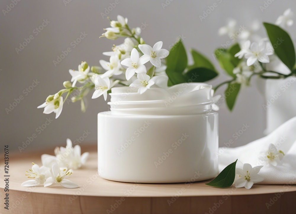 empty cosmetic cream container and near the decorative jasmine flower plant in white color, isolated white background
