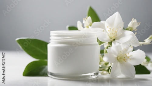 empty cosmetic cream container and near the decorative jasmine flower plant in white color  isolated white background 