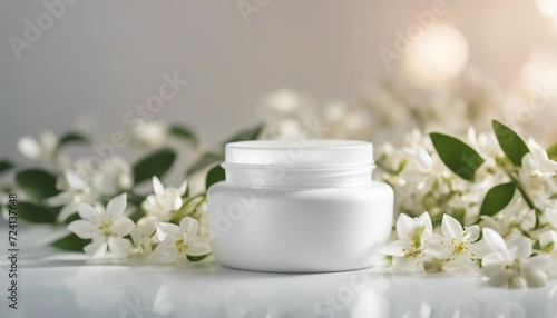 empty cosmetic cream container and near the decorative jasmine flower plant in white color, isolated white background 